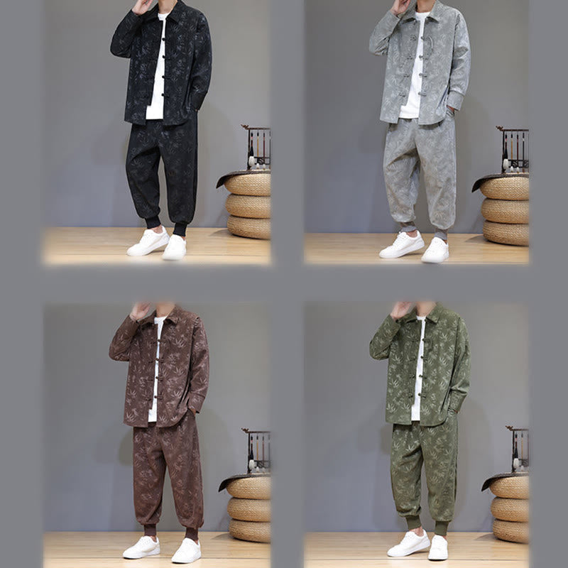 Nimara Ritual 2Pcs Winter Thick Bamboo Men's Tang Suit Frog-Button Cotton Corduroy Long Sleeve Jacket Pants Set With Pockets