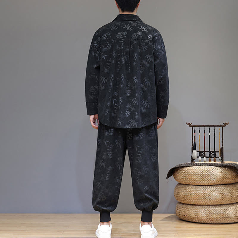 Nimara Ritual 2Pcs Winter Thick Bamboo Men's Tang Suit Frog-Button Cotton Corduroy Long Sleeve Jacket Pants Set With Pockets