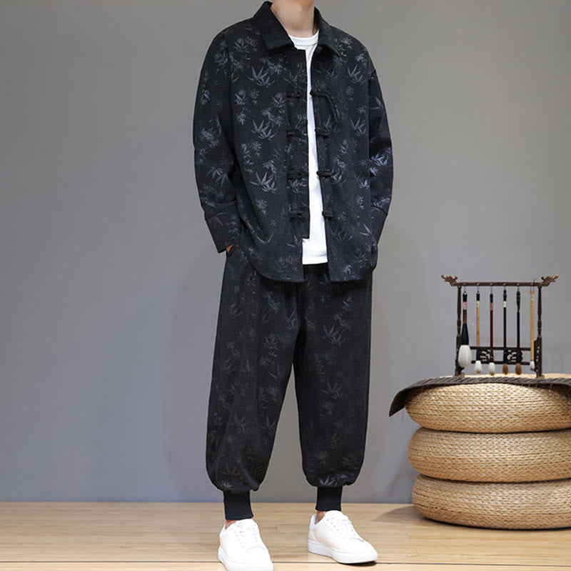Nimara Ritual 2Pcs Winter Thick Bamboo Men's Tang Suit Frog-Button Cotton Corduroy Long Sleeve Jacket Pants Set With Pockets