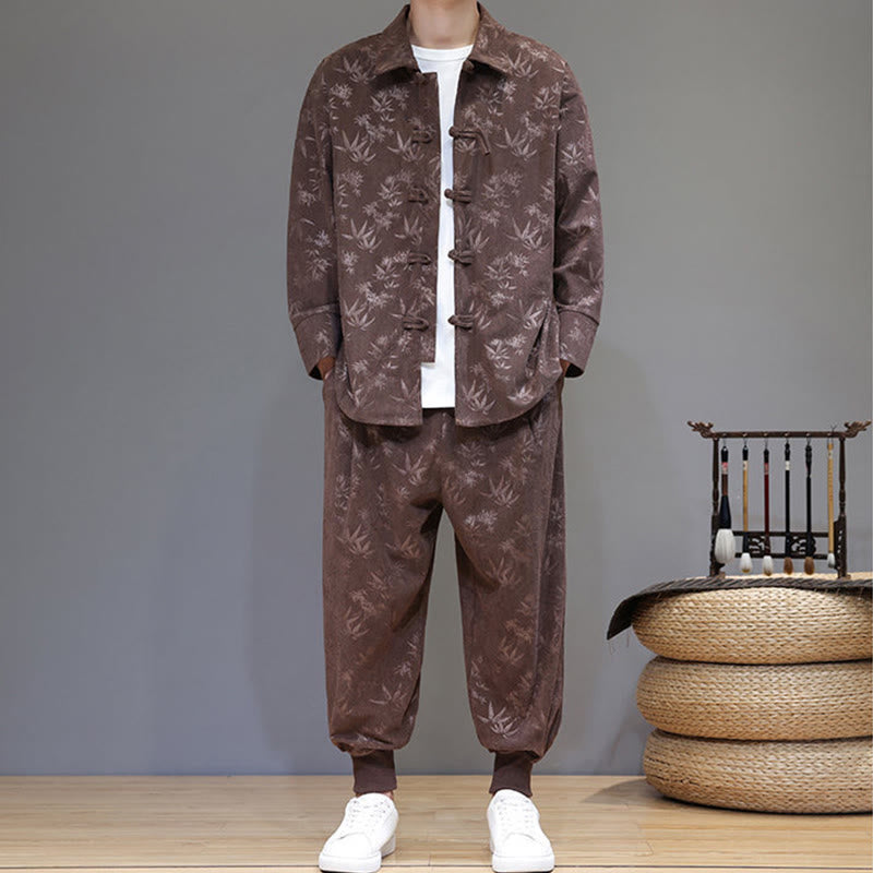 Nimara Ritual 2Pcs Winter Thick Bamboo Men's Tang Suit Frog-Button Cotton Corduroy Long Sleeve Jacket Pants Set With Pockets
