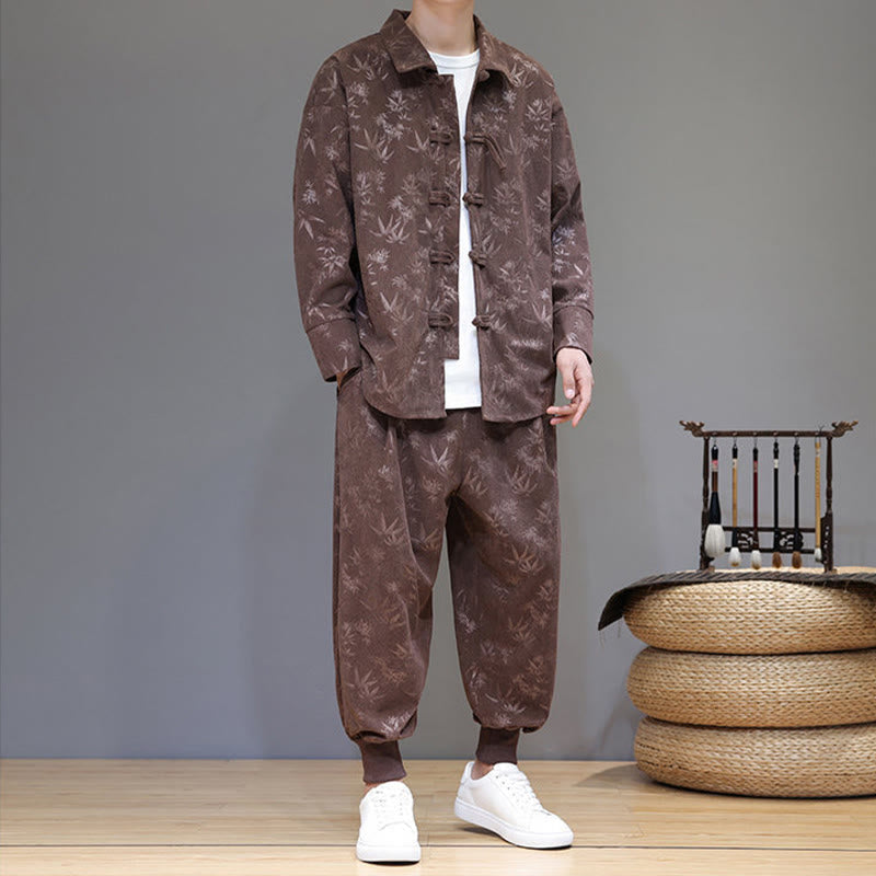 Nimara Ritual 2Pcs Winter Thick Bamboo Men's Tang Suit Frog-Button Cotton Corduroy Long Sleeve Jacket Pants Set With Pockets