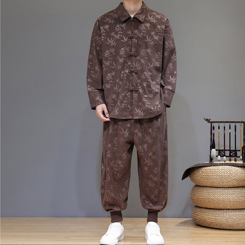 Nimara Ritual 2Pcs Winter Thick Bamboo Men's Tang Suit Frog-Button Cotton Corduroy Long Sleeve Jacket Pants Set With Pockets