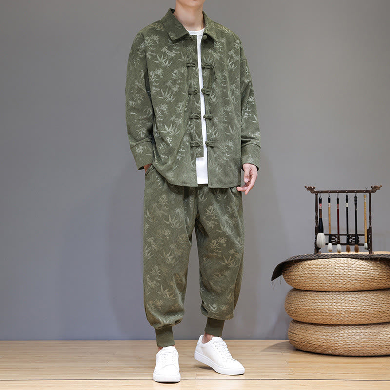Nimara Ritual 2Pcs Winter Thick Bamboo Men's Tang Suit Frog-Button Cotton Corduroy Long Sleeve Jacket Pants Set With Pockets