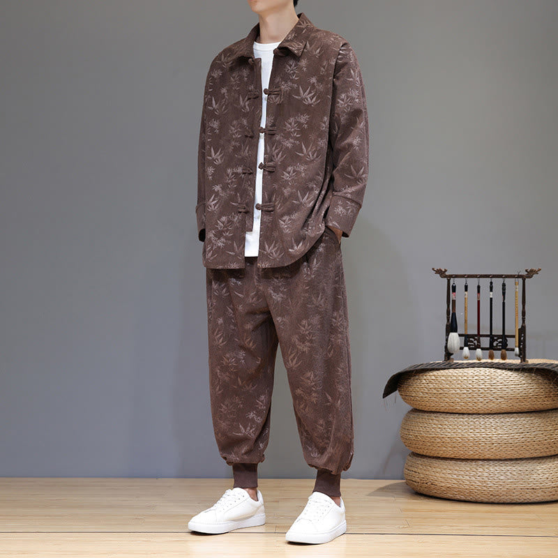 Nimara Ritual 2Pcs Winter Thick Bamboo Men's Tang Suit Frog-Button Cotton Corduroy Long Sleeve Jacket Pants Set With Pockets