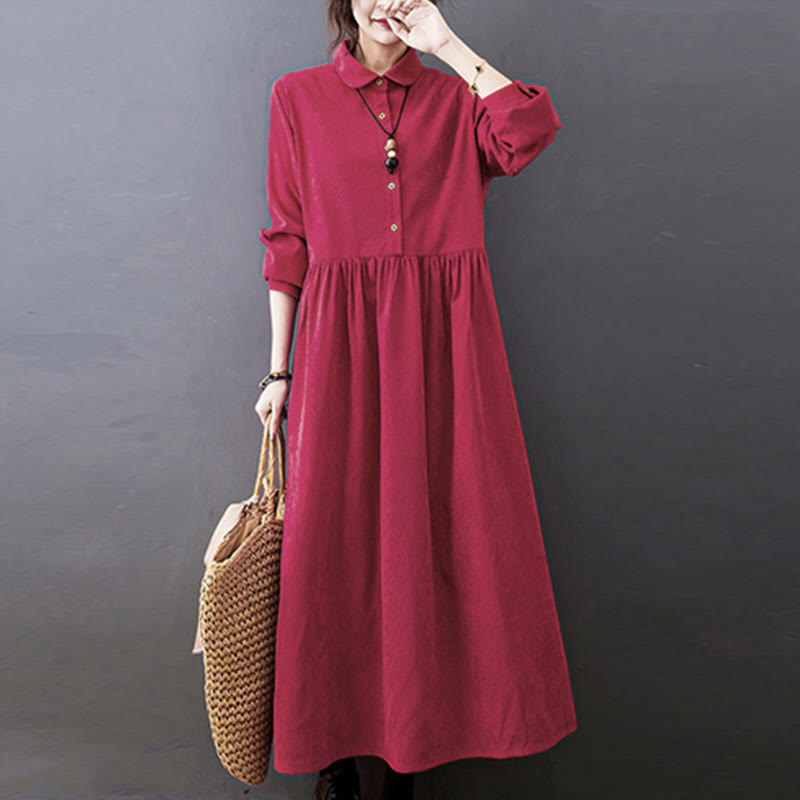 Nimara Ritual Fall Buttons Design Long Sleeve Cotton Corduroy Midi Dress With Pockets