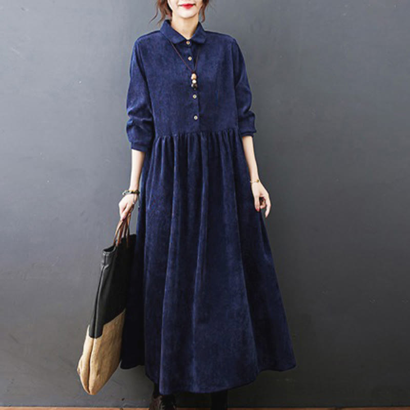 Nimara Ritual Fall Buttons Design Long Sleeve Cotton Corduroy Midi Dress With Pockets
