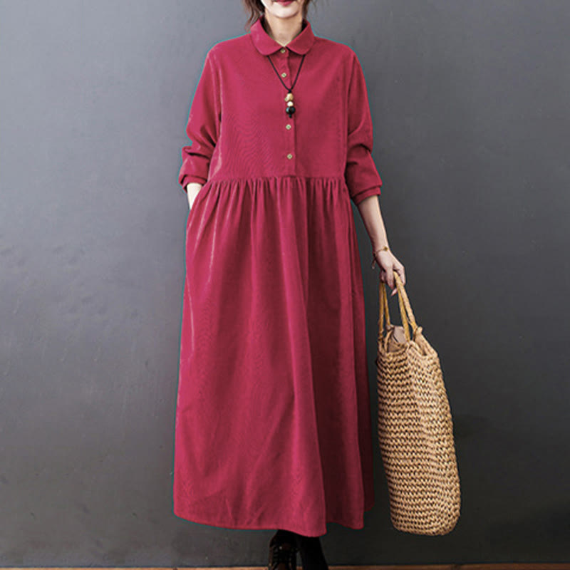 Nimara Ritual Fall Buttons Design Long Sleeve Cotton Corduroy Midi Dress With Pockets