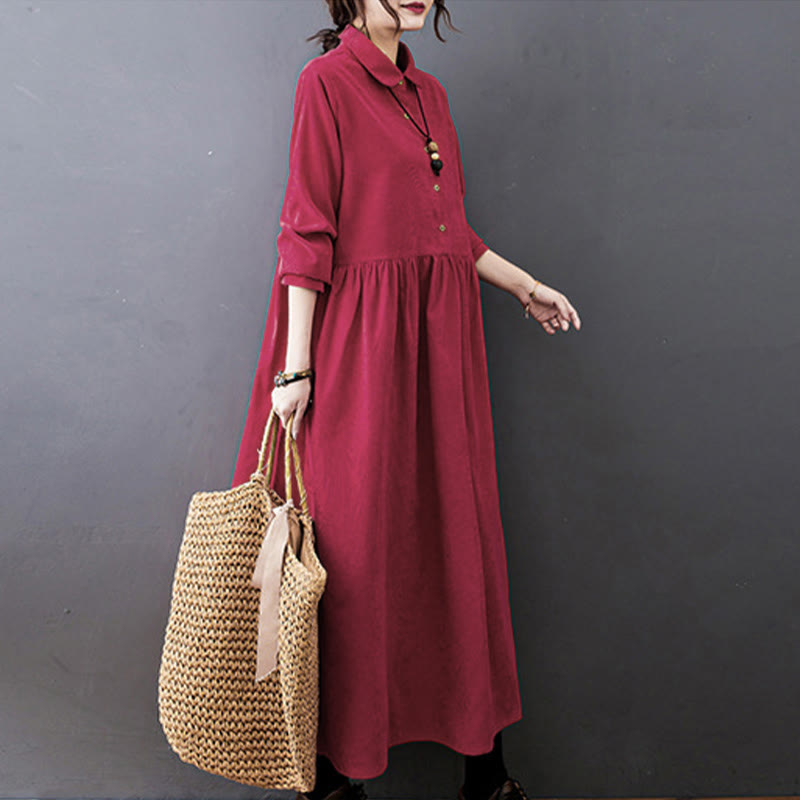 Nimara Ritual Fall Buttons Design Long Sleeve Cotton Corduroy Midi Dress With Pockets