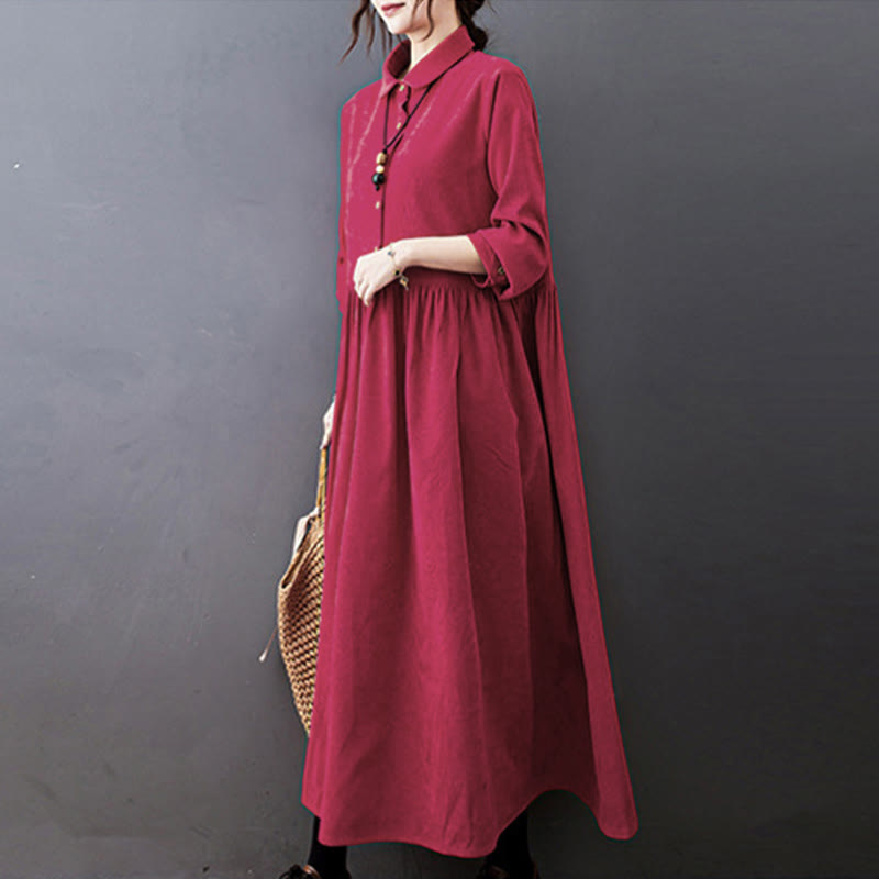 Nimara Ritual Fall Buttons Design Long Sleeve Cotton Corduroy Midi Dress With Pockets