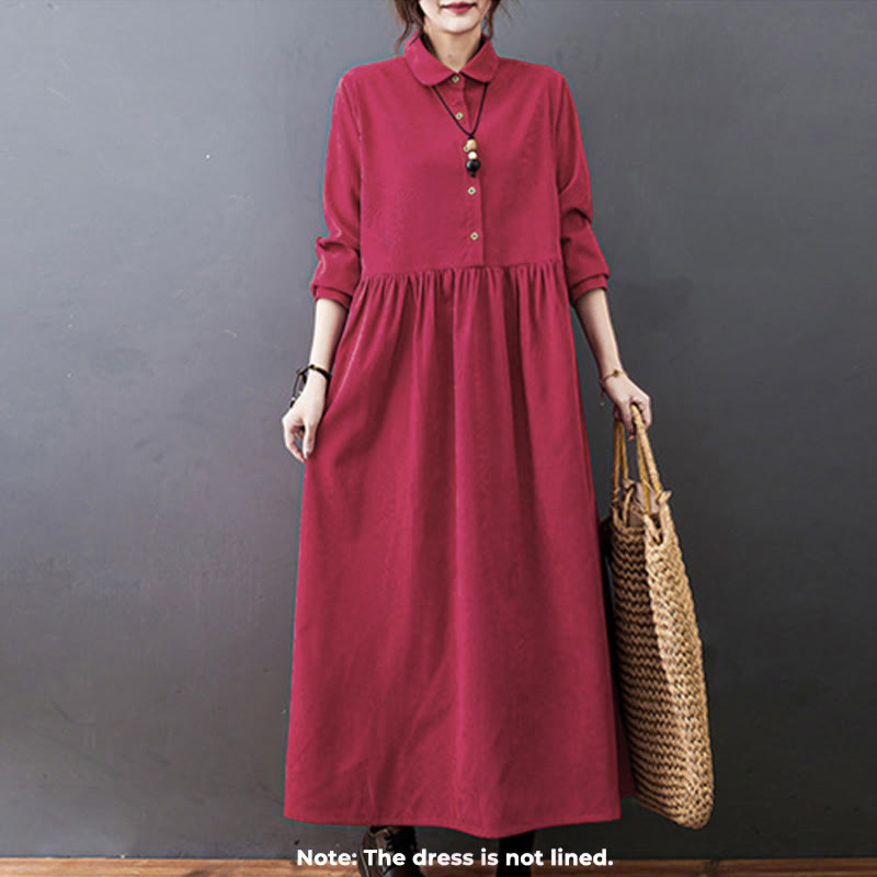 Nimara Ritual Fall Buttons Design Long Sleeve Cotton Corduroy Midi Dress With Pockets