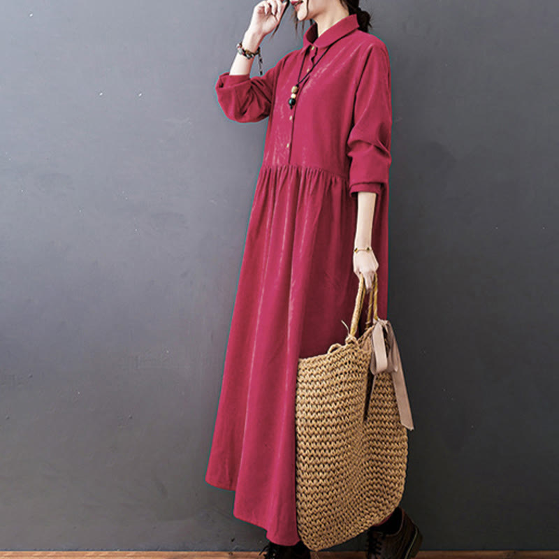 Nimara Ritual Fall Buttons Design Long Sleeve Cotton Corduroy Midi Dress With Pockets