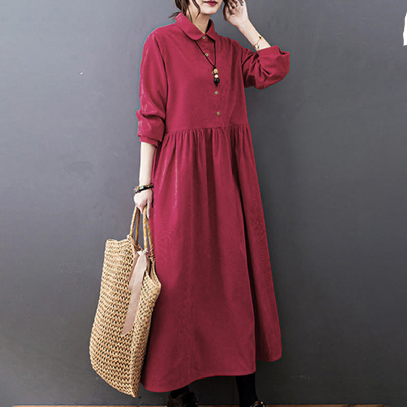 Nimara Ritual Fall Buttons Design Long Sleeve Cotton Corduroy Midi Dress With Pockets