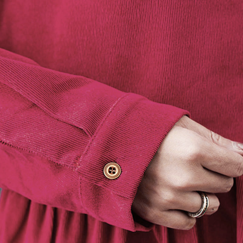 Nimara Ritual Fall Buttons Design Long Sleeve Cotton Corduroy Midi Dress With Pockets