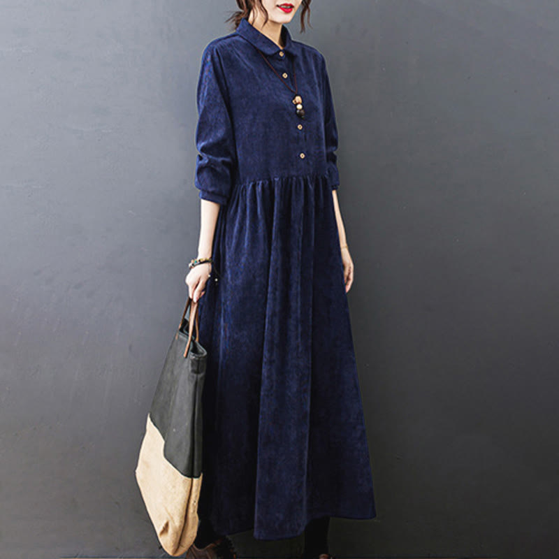 Nimara Ritual Fall Buttons Design Long Sleeve Cotton Corduroy Midi Dress With Pockets