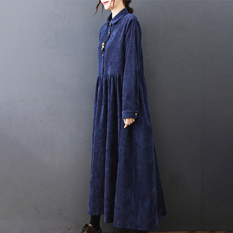 Nimara Ritual Fall Buttons Design Long Sleeve Cotton Corduroy Midi Dress With Pockets