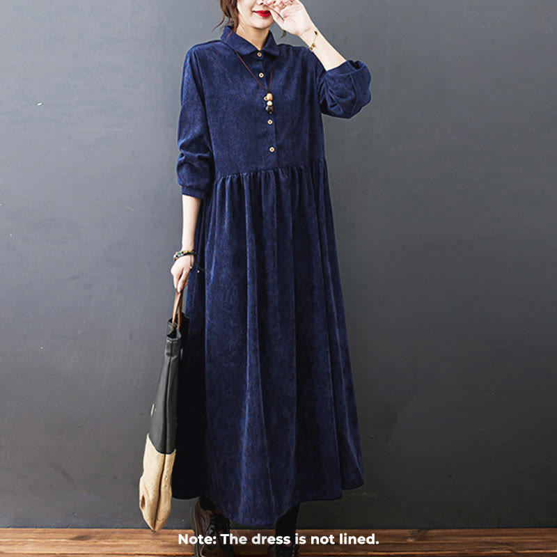 Nimara Ritual Fall Buttons Design Long Sleeve Cotton Corduroy Midi Dress With Pockets