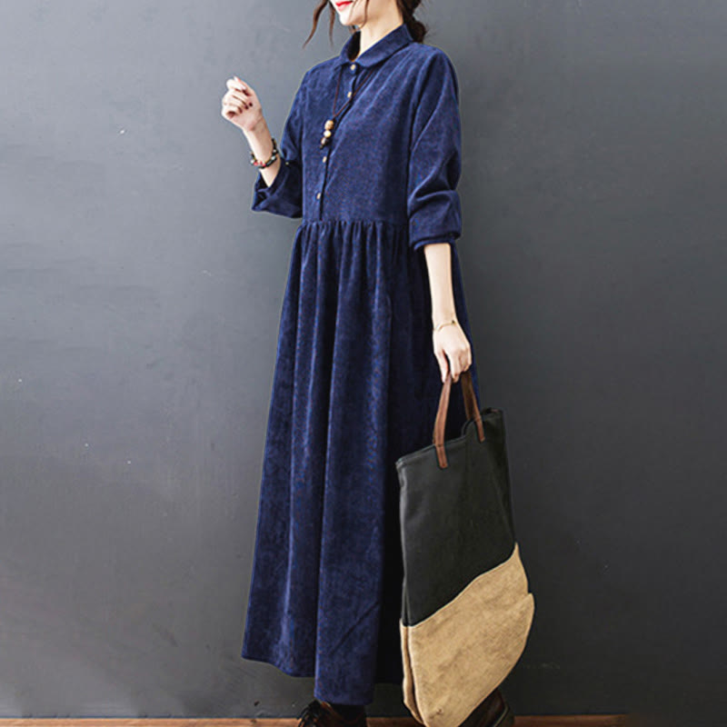 Nimara Ritual Fall Buttons Design Long Sleeve Cotton Corduroy Midi Dress With Pockets