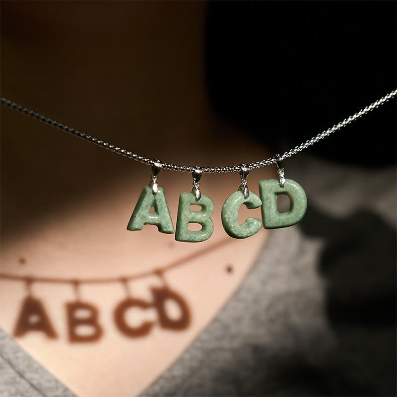 Nimara Ritual Natural A-Z Letter Jade Titanium Steel Wide Chain Prosperity Necklace Pendant