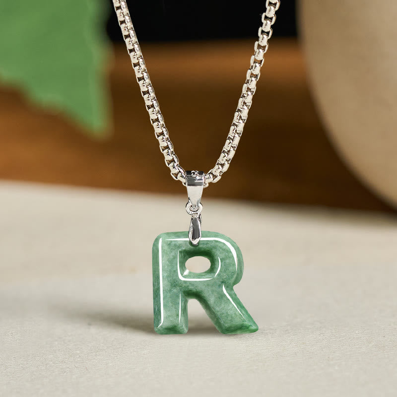Nimara Ritual Natural A-Z Letter Jade Titanium Steel Wide Chain Prosperity Necklace Pendant