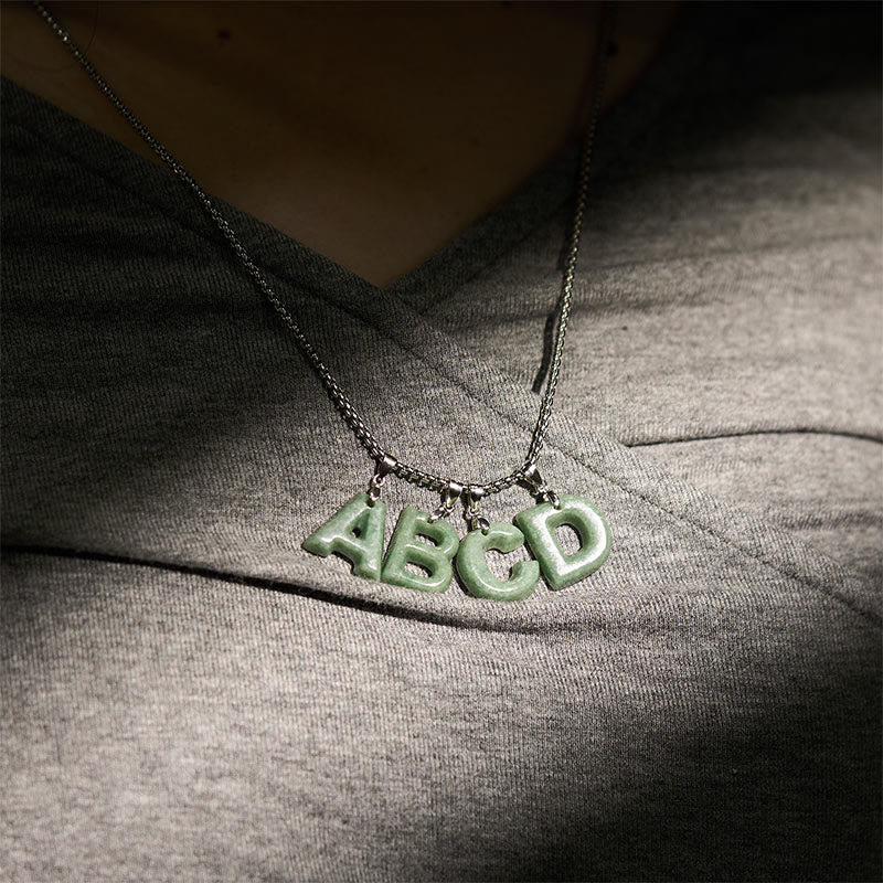 Nimara Ritual Natural A-Z Letter Jade Titanium Steel Wide Chain Prosperity Necklace Pendant