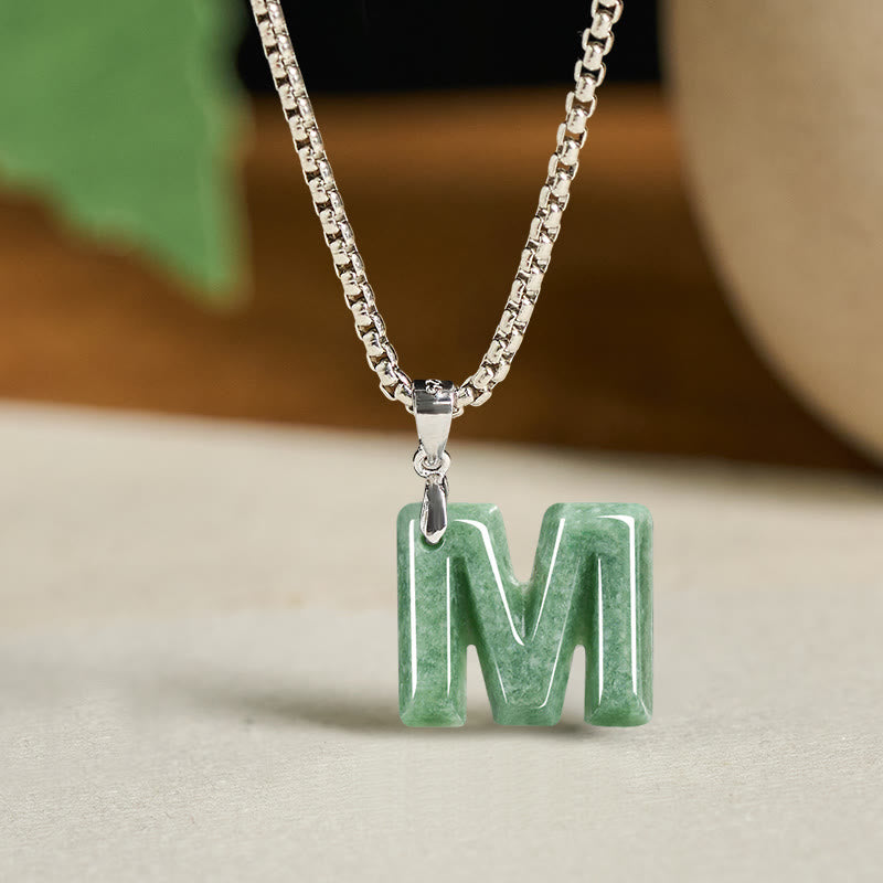 Nimara Ritual Natural A-Z Letter Jade Titanium Steel Wide Chain Prosperity Necklace Pendant
