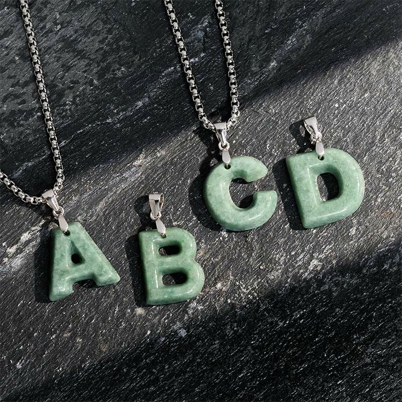 Nimara Ritual Natural A-Z Letter Jade Titanium Steel Wide Chain Prosperity Necklace Pendant