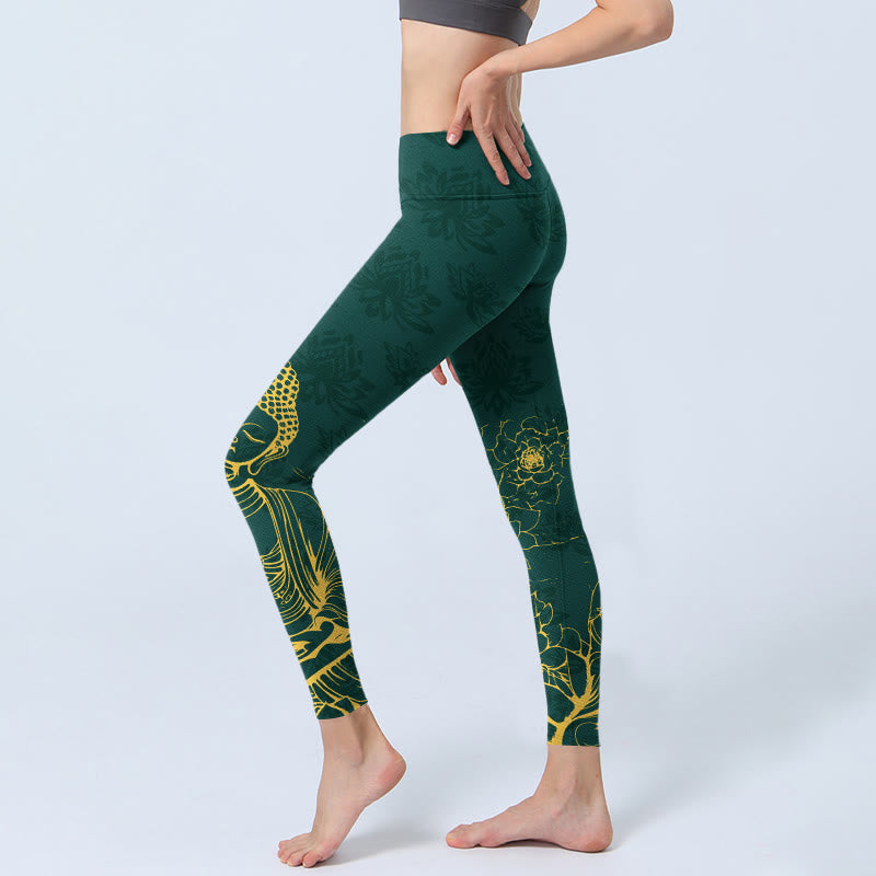 Nimara Ritual Lotus Buddha Image Pattern Print Gym Leggings Women's Yoga Pants