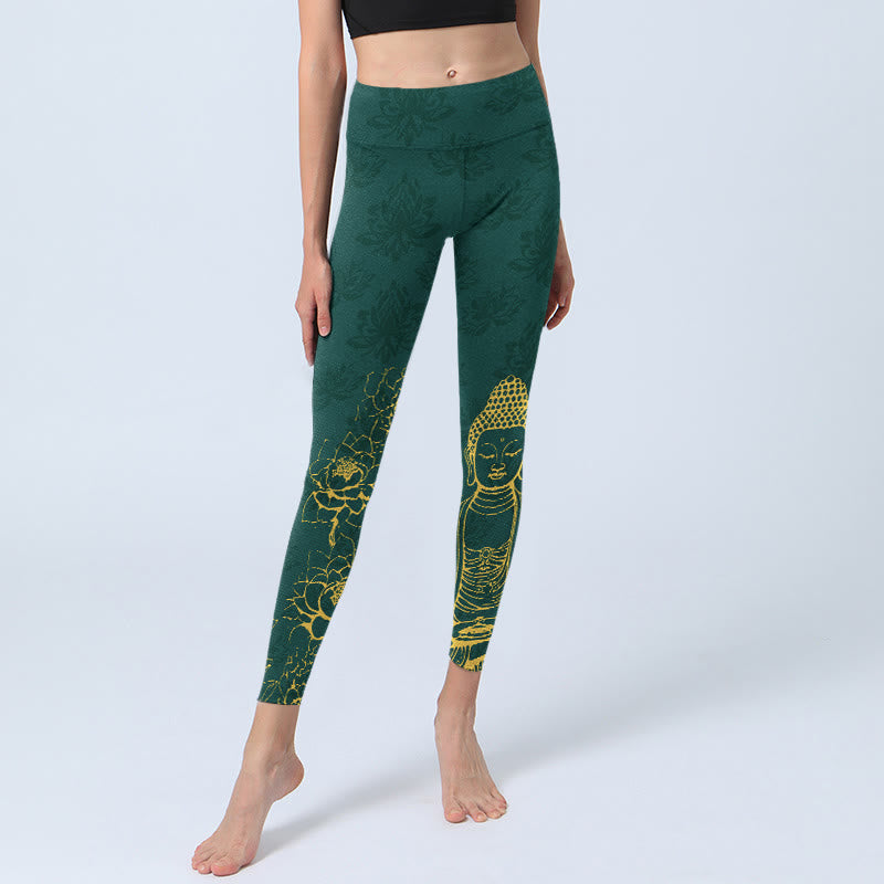 Nimara Ritual Lotus Buddha Image Pattern Print Gym Leggings Women's Yoga Pants