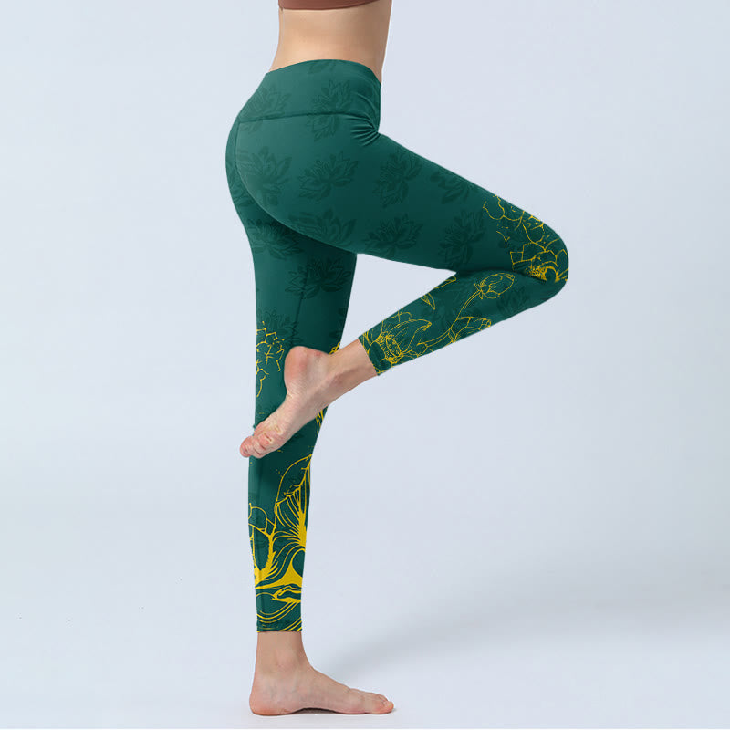 Nimara Ritual Lotus Buddha Image Pattern Print Gym Leggings Women's Yoga Pants
