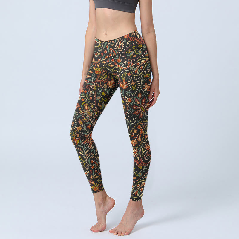 Nimara Ritual Intricate Flower Leaf Pattern Print Gym Leggings Women's Yoga Pants