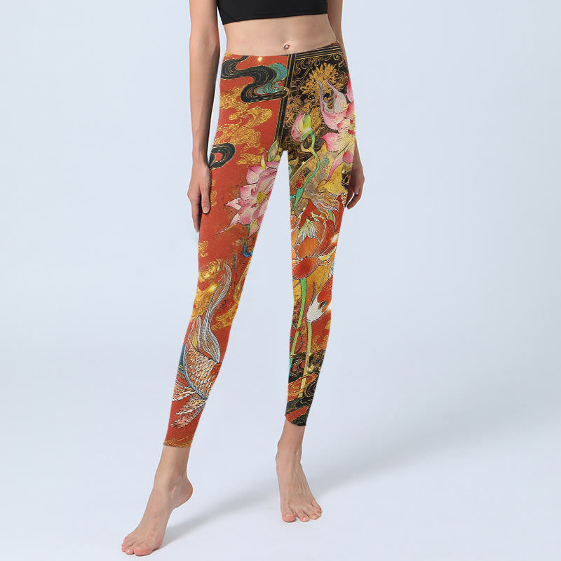 Nimara Ritual Koi Fish Lotus Cloud Pattern Print Gym Leggings Women's Yoga Pants