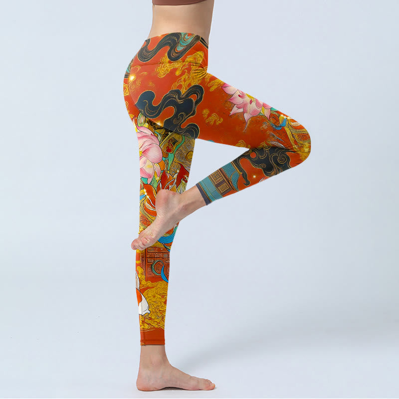 Nimara Ritual Koi Fish Lotus Cloud Pattern Print Gym Leggings Women's Yoga Pants