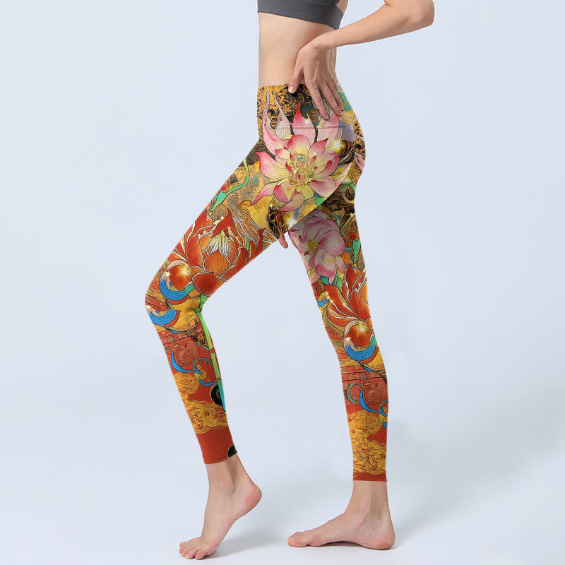 Nimara Ritual Koi Fish Lotus Cloud Pattern Print Gym Leggings Women's Yoga Pants