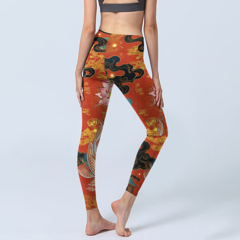 Nimara Ritual Koi Fish Lotus Cloud Pattern Print Gym Leggings Women's Yoga Pants