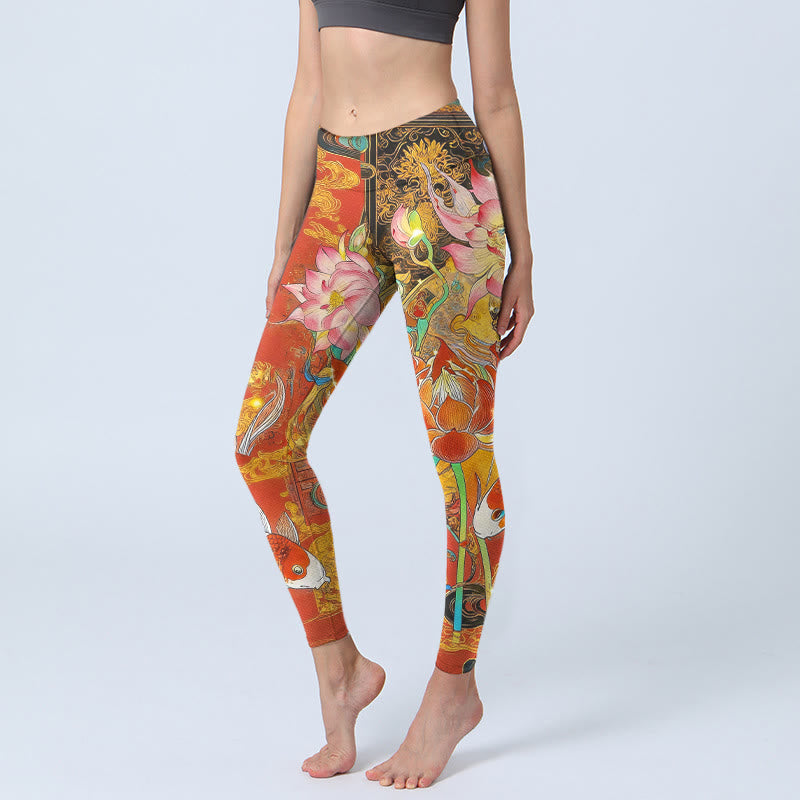 Nimara Ritual Koi Fish Lotus Cloud Pattern Print Gym Leggings Women's Yoga Pants