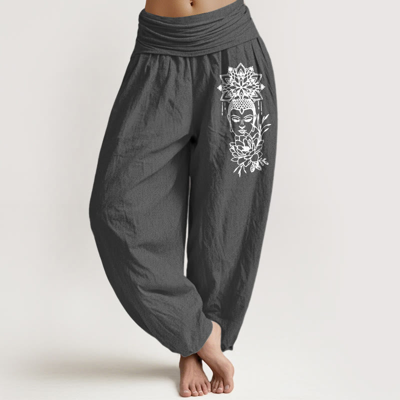 Nimara Ritual Pure Cotton Simple Buddha Image Lotus Pattern Women's Elastic Waist Harem Pants