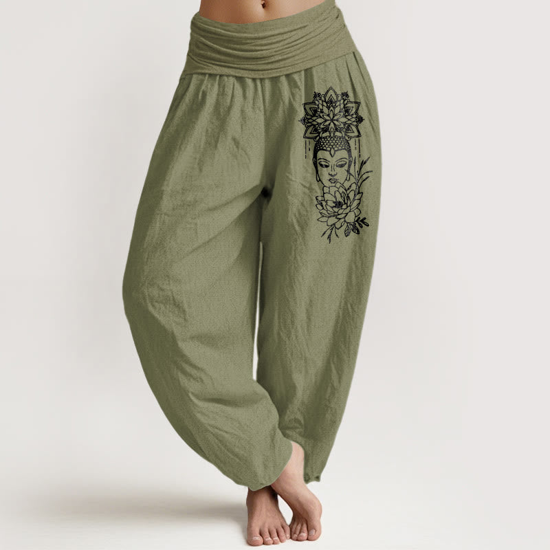 Nimara Ritual Pure Cotton Simple Buddha Image Lotus Pattern Women's Elastic Waist Harem Pants