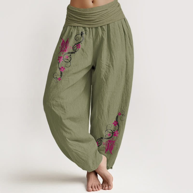 Nimara Ritual Pure Cotton Softly Colored Butterfly Flower Vine Pattern Women's Elastic Waist Harem Pants
