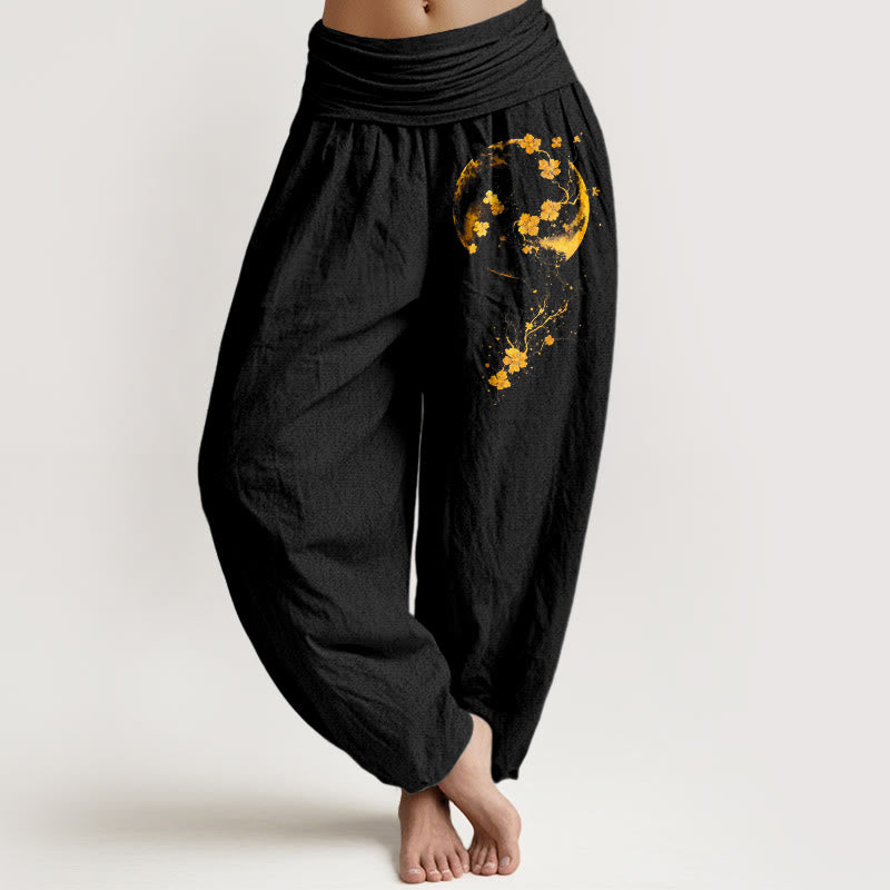 Nimara Ritual Pure Cotton Brightly Colored Moon Flower Vine Pattern Women's Elastic Waist Harem Pants