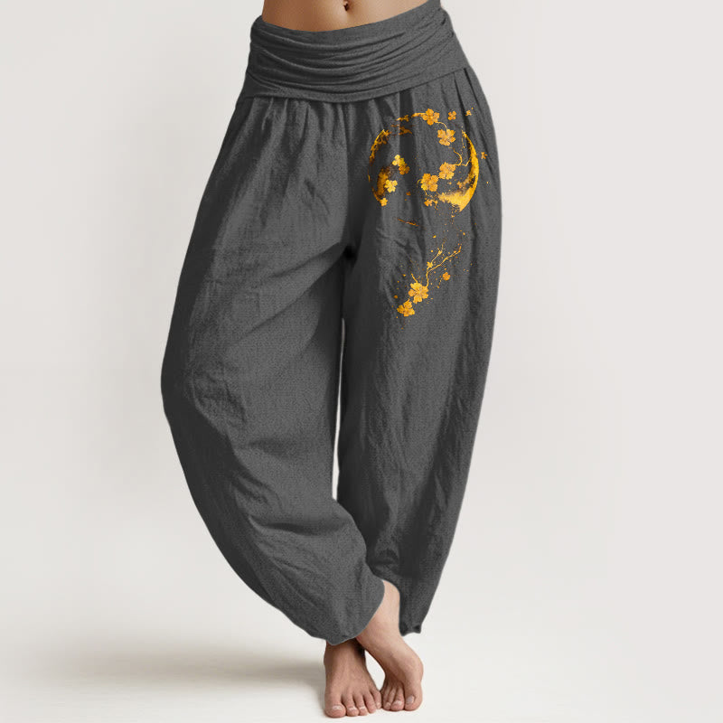 Nimara Ritual Pure Cotton Brightly Colored Moon Flower Vine Pattern Women's Elastic Waist Harem Pants