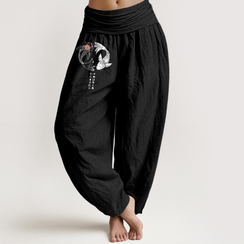 Nimara Ritual Pure Cotton Koi Fish Pattern Women's Elastic Waist Harem Pants