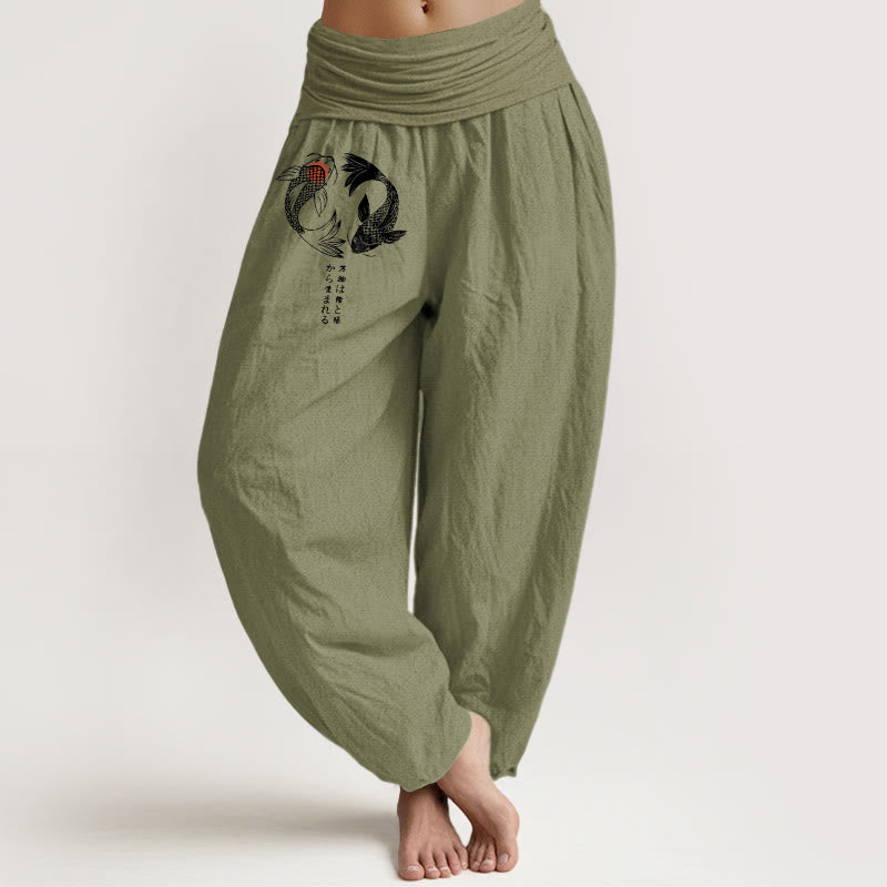 Nimara Ritual Pure Cotton Koi Fish Pattern Women's Elastic Waist Harem Pants