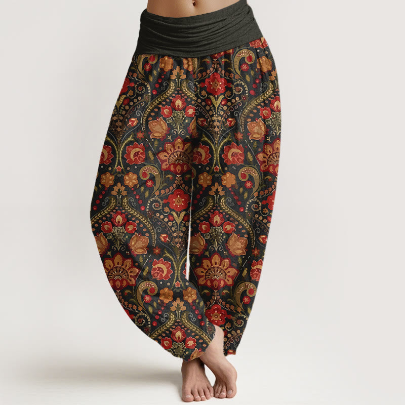 Nimara Ritual Cotton Colorful Flower Leaf Scroll Pattern Women's Elastic Waist Harem Pants