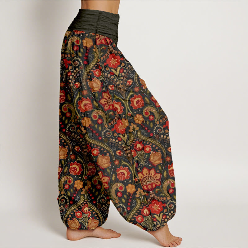 Nimara Ritual Cotton Colorful Flower Leaf Scroll Pattern Women's Elastic Waist Harem Pants