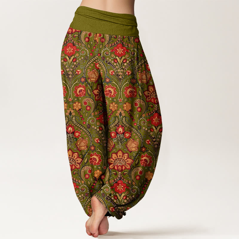 Nimara Ritual Cotton Colorful Flower Leaf Scroll Pattern Women's Elastic Waist Harem Pants