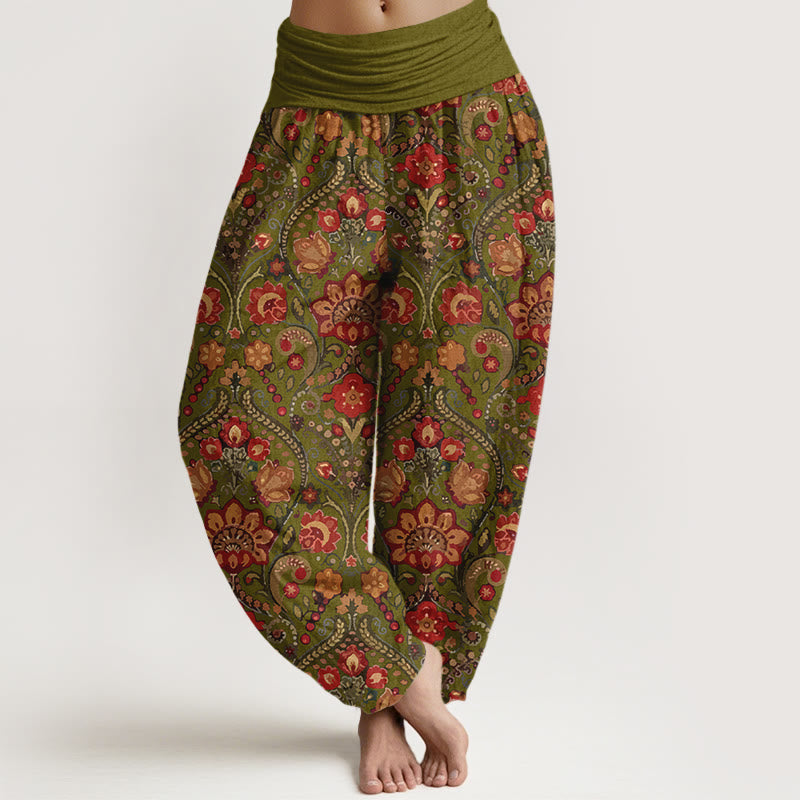 Nimara Ritual Cotton Colorful Flower Leaf Scroll Pattern Women's Elastic Waist Harem Pants