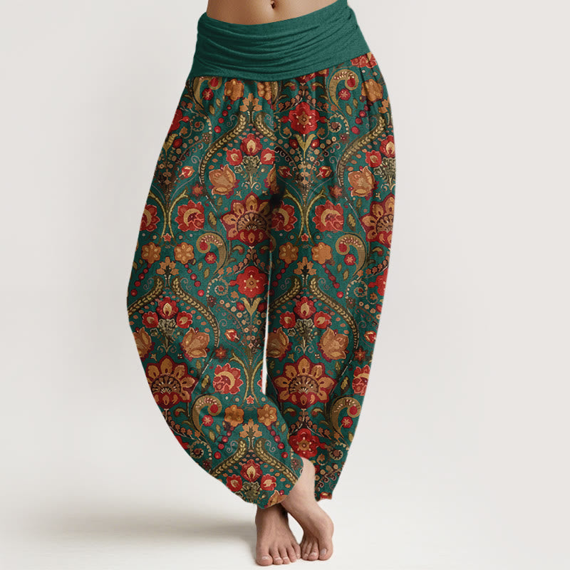 Nimara Ritual Cotton Colorful Flower Leaf Scroll Pattern Women's Elastic Waist Harem Pants