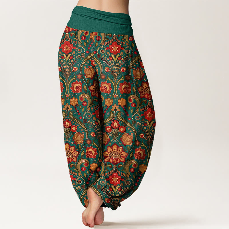 Nimara Ritual Cotton Colorful Flower Leaf Scroll Pattern Women's Elastic Waist Harem Pants