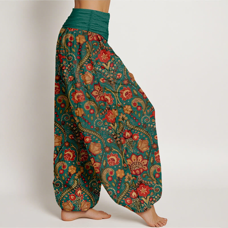 Nimara Ritual Cotton Colorful Flower Leaf Scroll Pattern Women's Elastic Waist Harem Pants