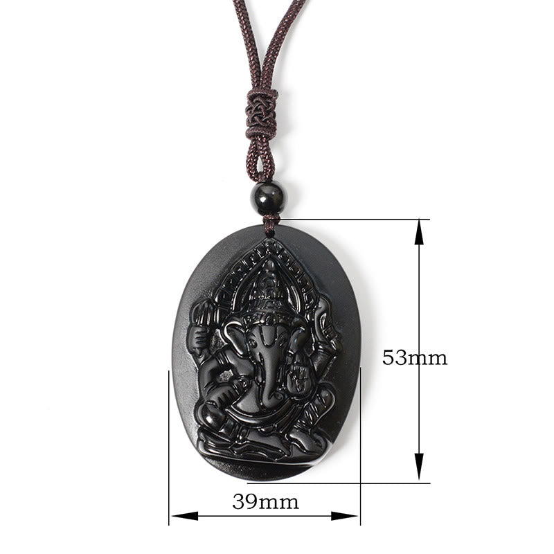 Nimara Ritual Ganesh Elephant Relief Design Natural Black Obsidian Strength Necklace Pendant